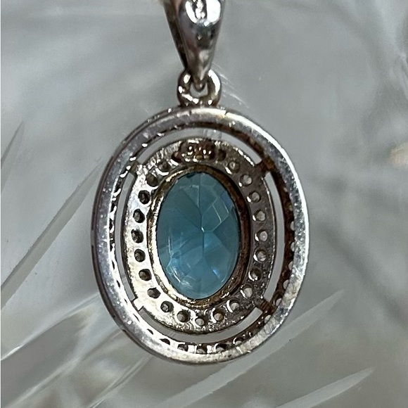 Sterling Silver Blue Topaz Colored Necklace Pendant Oval CZ Please Read Descript - Picture 3 of 7